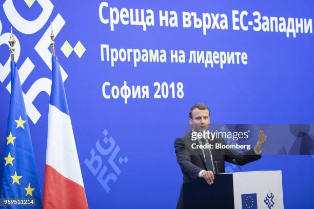 Emmanuel Macron, France's president, gestures while speaking during a news conference at a European Union and Balkan leaders summit in Sofia,...