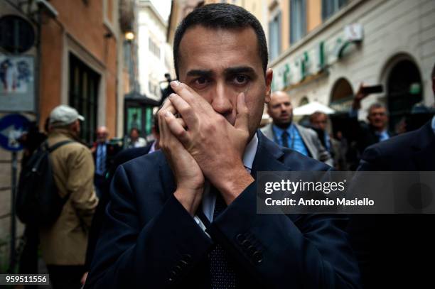 Luigi Di Maio, Leader of 5-Star Movement talks on the phone during a new day of meetings for the formation of the new government on May 17, 2018 in...