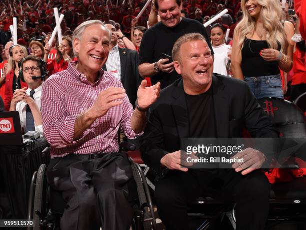 Governor of Texas, Greg Abbott and Tilman Fertitta, Owner of the Houston Rockets, attend Game One of the Western Conference Finals against the Golden...