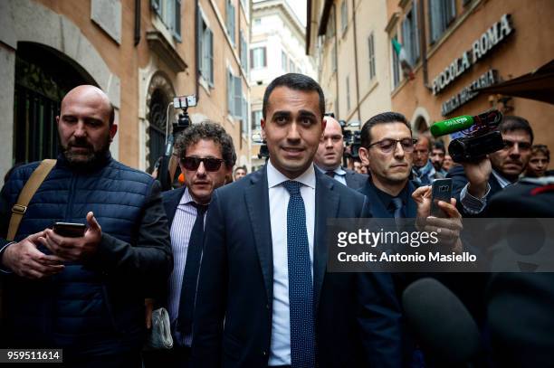 Luigi Di Maio, Leader of 5-Star Movement speaks to the press during a new day of meetings for the formation of the new government on May 17, 2018 in...