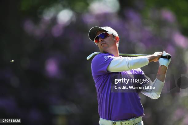 Mark Tullo of Chile tees off the 2nd hole during the first round of the Belgian Knockout at the Rinkven International Golf Club on May 17, 2018 in...