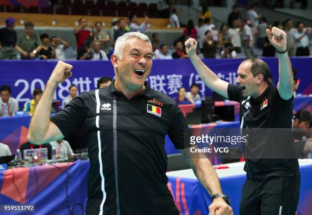 Head coach Gert Vande Broek of Belgium celebrates after defeating the Dominican Republic during the FIVB Volleyball Nations League 2018 at Beilun...
