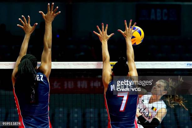 Britt Herbots of Belgium competes against Niverka Dharlenis Marte Frica of the Dominican Republic during the FIVB Volleyball Nations League 2018 at...