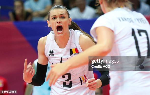 Britt Herbots of Belgium celebrates a point against the Dominican Republic during the FIVB Volleyball Nations League 2018 at Beilun Gymnasium on May...