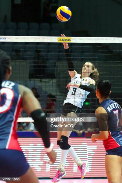 Britt Herbots of Belgium competes against the Dominican Republic during the FIVB Volleyball Nations League 2018 at Beilun Gymnasium on May 17, 2018...