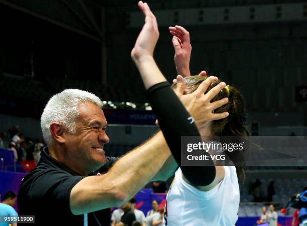 Head coach Gert Vande Broek of Belgium celebrates after defeating the Dominican Republic during the FIVB Volleyball Nations League 2018 at Beilun...