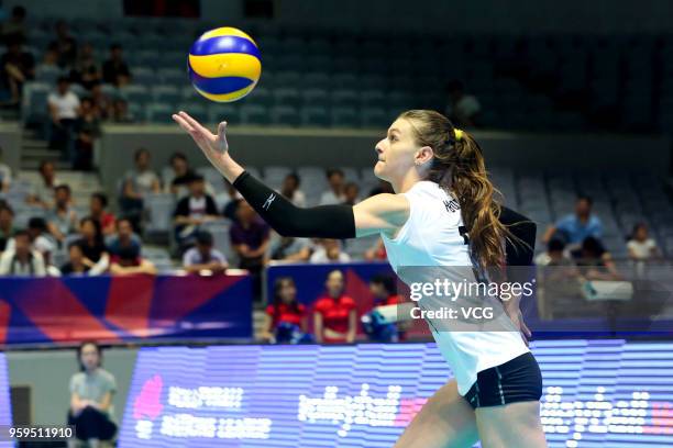 Britt Herbots of Belgium competes against the Dominican Republic during the FIVB Volleyball Nations League 2018 at Beilun Gymnasium on May 17, 2018...