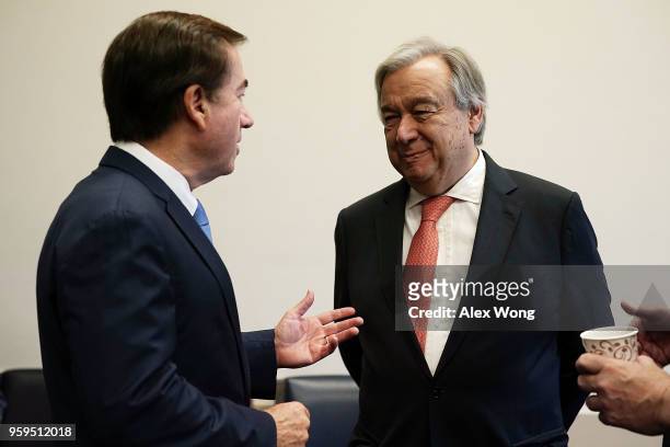 House Foreign Affairs Chairman Ed Royce greets United Nations Secretary General Antonio Guterres during a photo-op May 17, 2018 on Capitol Hill in...