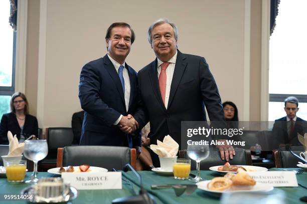 House Foreign Affairs Chairman Ed Royce shakes hands with United Nations Secretary General Antonio Guterres during a photo-op May 17, 2018 on Capitol...