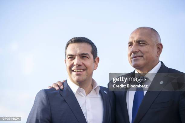 Alexis Tsipras, Greece's prime minister, left, is greeted by Boyko Borissov, Bulgaria's prime minister, as he arrives for an informal dinner at Sofia...