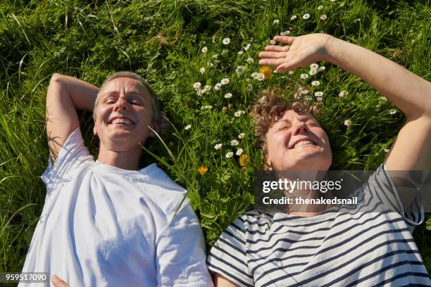 portrait of couple lying on grass smiling - lesbian date - fotografias e filmes do acervo