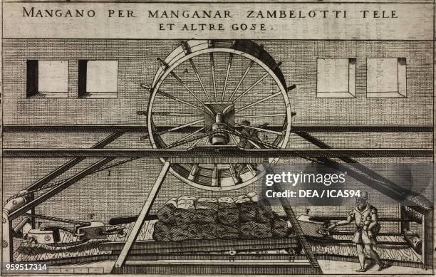Human-powered mangle, copperplate engraving, from Novo Teatro di Machine et Edificii per Varie et Sicure Operationi, by Vittorio Zonca, published by...