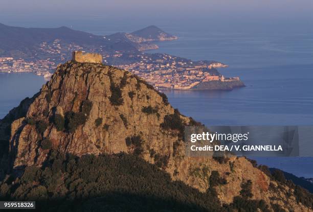 View of the Volterraio fortress, Portoferraio, Elba, Tuscan Archipelago National Park, Tuscany, Italy.