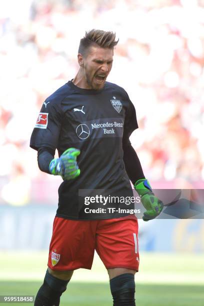 Goalkeeper Ron-Robert Zieler of Stuttgart celebrates his team`s fourth goal during the Bundesliga match between FC Bayern Muenchen and VfB Stuttgart...