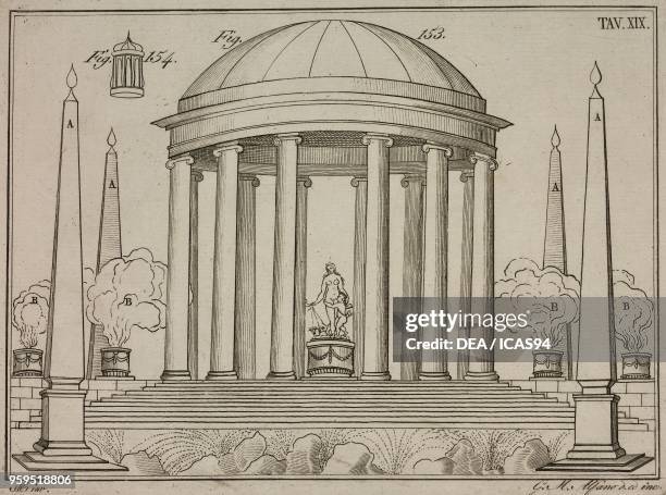 Theatrical arrangement of fire displays, copperplate engraving by Gaetano M Alfano, from Istituzioni di Pirotecnica per istruzione di coloro che...