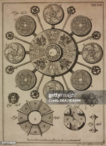 Magical pyrotechnic display of rosettes, copperplate engraving by Gaetano M Alfano, from Istituzioni di Pirotecnica per istruzione di coloro che...