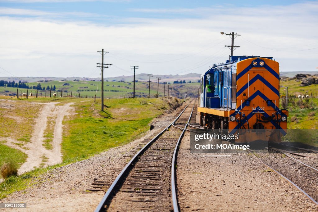 Railway track and train,South island scenery,New Zealand