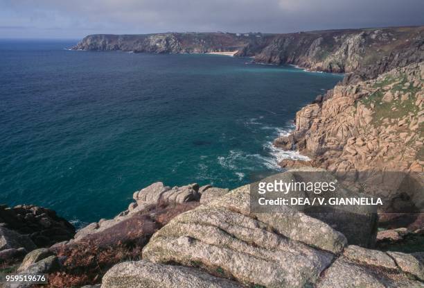 The granite cliffs at Porthcurno, Cornwall, United Kingdom.