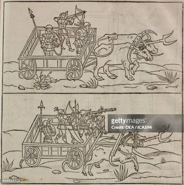 Scythed chariots, woodcut from De re militari, by Roberto Valturio, printed by Christian Wechel, Paris, 1532.