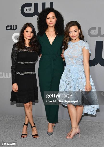 Melonie Diaz, Madeleine Mantock and Sarah Jeffery attend the 2018 CW Network Upfront at The London Hotel on May 17, 2018 in New York City.