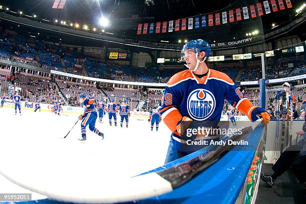Sam Gagner of the Edmonton Oilers watches warm-up before a game against the Dallas Stars on January 22, 2010 at Rexall Place in Edmonton, Alberta,...