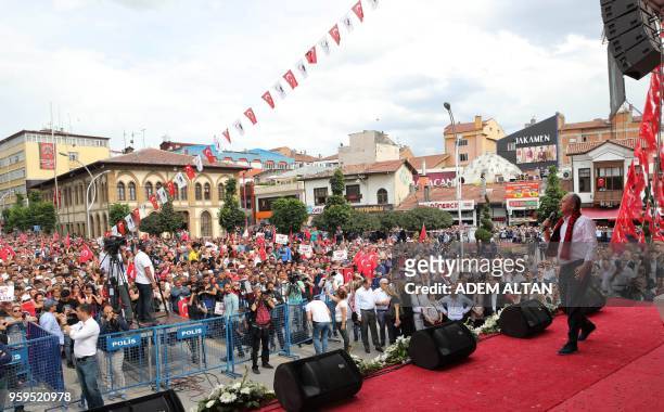 Presidential candidate of Turkey's main opposition Republican People's Party , Muharrem Ince, delivers a speech during an election campaign rally in...