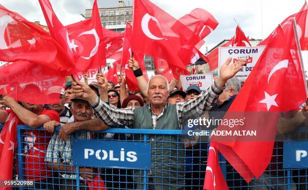 Supporters of Muharrem Ince, Presidential candidate of Turkey's main opposition Republican People's Party , cheer during an election campaign rally...