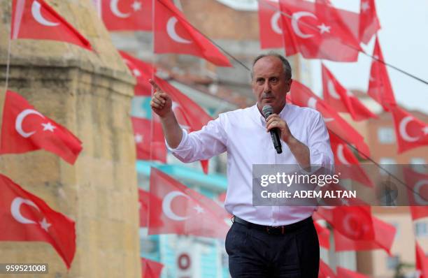 Presidential candidate of Turkey's main opposition Republican People's Party , Muharrem Ince, delivers a speech during an election campaign rally in...