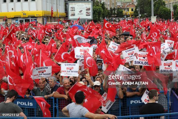 Supporters of Muharrem Ince, Presidential candidate of Turkey's main opposition Republican People's Party , cheer during an election campaign rally...
