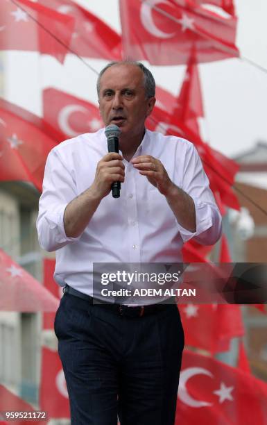 Presidential candidate of Turkey's main opposition Republican People's Party , Muharrem Ince, delivers a speech during an election campaign rally in...