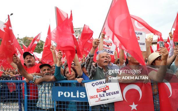 Supporters of Muharrem Ince, Presidential candidate of Turkey's main opposition Republican People's Party , cheer during an election campaign rally...