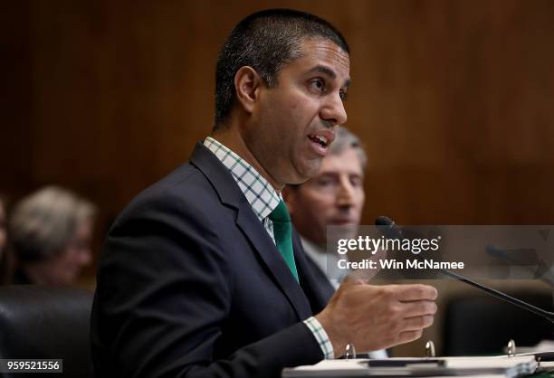 Chairman Ajit Pai testifies before the Senate Appropriations Committee May 17, 2018 in Washington, DC. The committee heard testimony on the proposed...