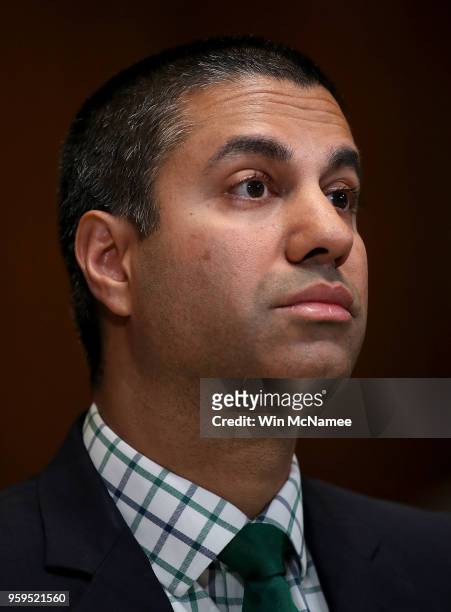 Chairman Ajit Pai testifies before the Senate Appropriations Committee May 17, 2018 in Washington, DC. The committee heard testimony on the proposed...