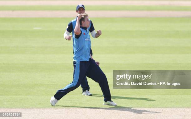 Derbyshire's Matt Critchley celebrates taking the wicket of Warwickshire's Ian Bell during the Royal London One Day Cup match at Edgbaston,...