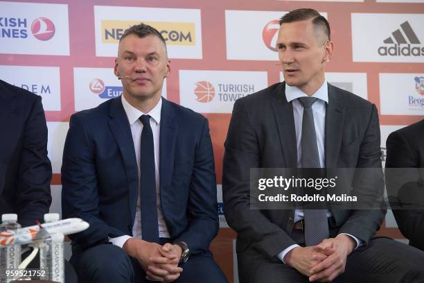 Sarunas Jasikevicius, Head Coach of Zalgiris Kaunas and Paulius Jankunas, #13 during the 2018 Turkish Airlines EuroLeague F4 Final Four Opening Press...