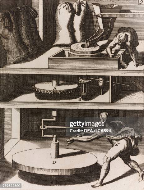 Hand-powered reciprocating motion-driven milling machine with one flywheel, copperplate engraving from Theatrum Machinarum Novum, Plate 9, by Georg...