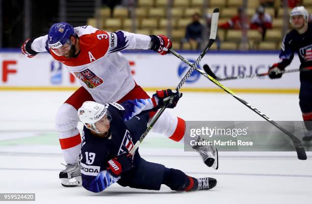 Johnny Gaudrau of the United States and Radko Gudas of Czech Republic battle for the puck during the 2018 IIHF Ice Hockey World Championship Quarter...