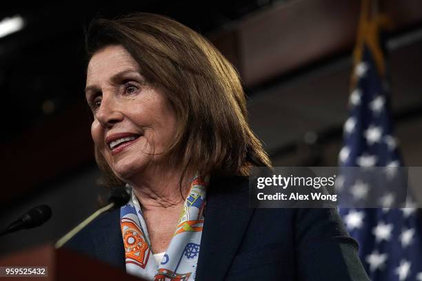 House Minority Leader Rep. Nancy Pelosi speaks during a weekly news conference May 17, 2018 on Capitol Hill in Washington, DC. Pelosi held her weekly...