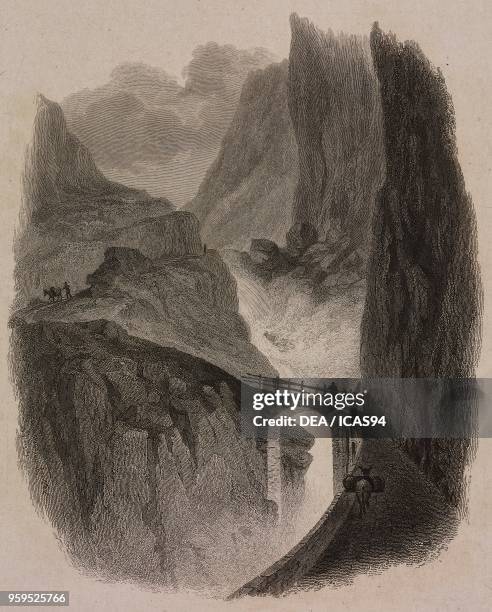 View of the Schoellenen Gorge and the Teufelsbruecke on the way to St Gotthard Pass, Switzerland, engraving by Edward Finden after a drawing by...