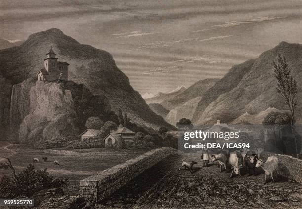 View of the Madonna della Valle church and Bellinzona from Sementina, Switzerland, engraving by Edward Finden after a drawing by William Brockedon,...