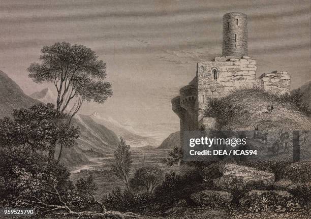 View of Martigny and the Rhone Valley from the La Batiaz Castle, Switzerland, engraving by Edward Finden after a drawing by William Brockedon, from...