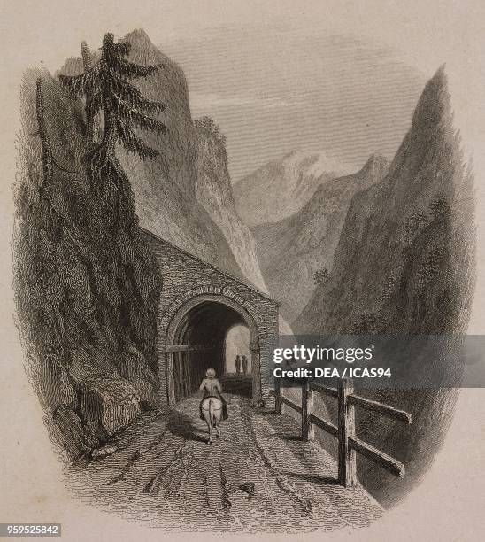 View of the galleries in the Wurmser Loch on the Stelvio Pass road , Italy, engraving by Edward Finden after a drawing by William Brockedon, from...