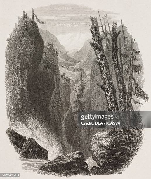 View of the Handegg Falls, waterfall on the Aare River , Switzerland, engraving by Edward Finden after a drawing by William Brockedon, from...
