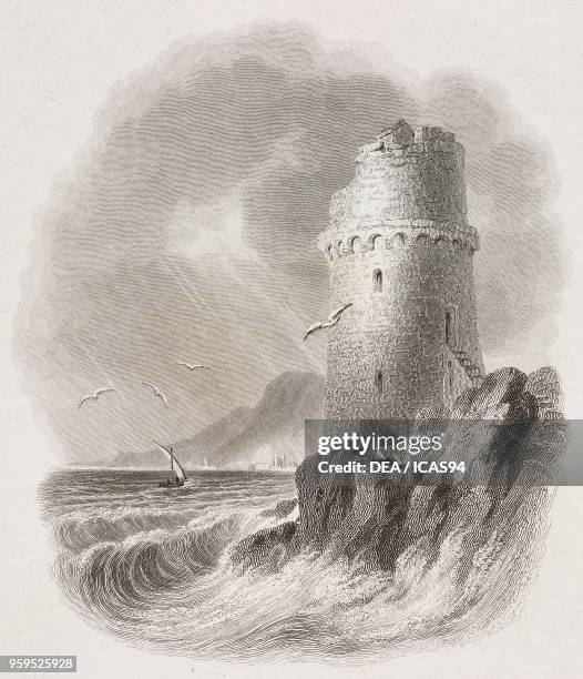 View of the Prarola Tower, near Imperia, Italy, engraving by Edward Finden after a drawing by William Brockedon, from Illustrations of the passes of...