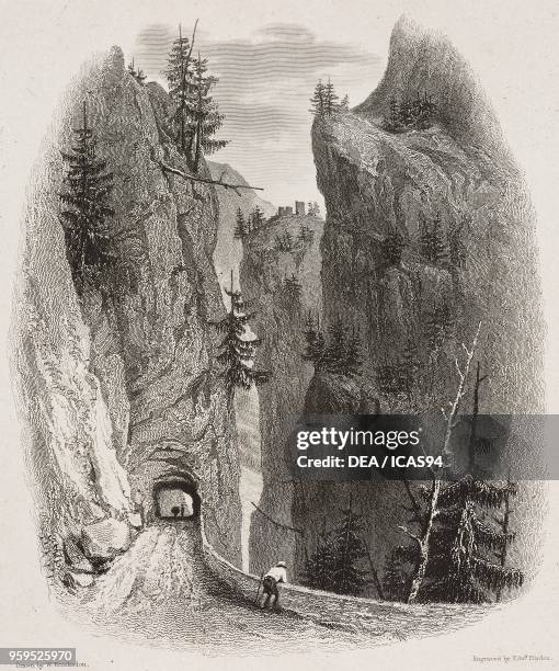 View of the Viamala Gorge, near Thusis, Hinterrhein Valley, Switzerland, engraving by Edward Finden after a drawing by William Brockedon, from...