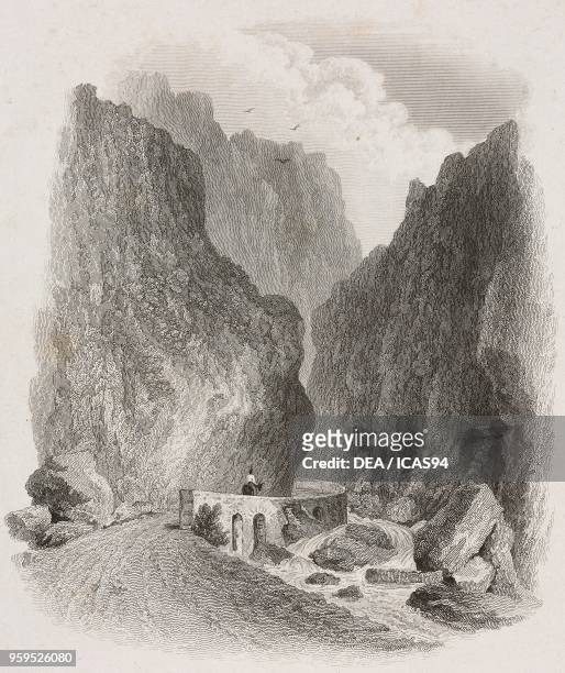 View of the Gorges of Saorge , Roya Valley, France, engraving by Edward Finden after a drawing by William Brockedon, from Illustrations of the passes...