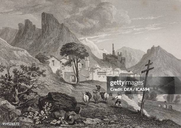 View of Tende with the ruins of the Lascaris Castle in the background, Roya Valley, France, engraving by Thomas Jeavons after a drawing by William...