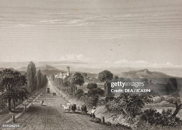 View of the Monte Rosa and the Alps from the Strada del Sempione near Somma Lombardo, Italy, engraving by Edward Finden after a drawing by William...