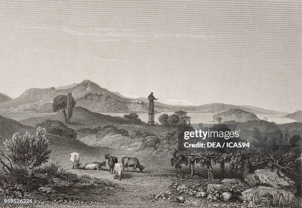 View of the statue of Saint Carlo and the Sacred Mountain of Arona with the Lake Maggiore in the background, Italy, engraving by Edward Finden after...