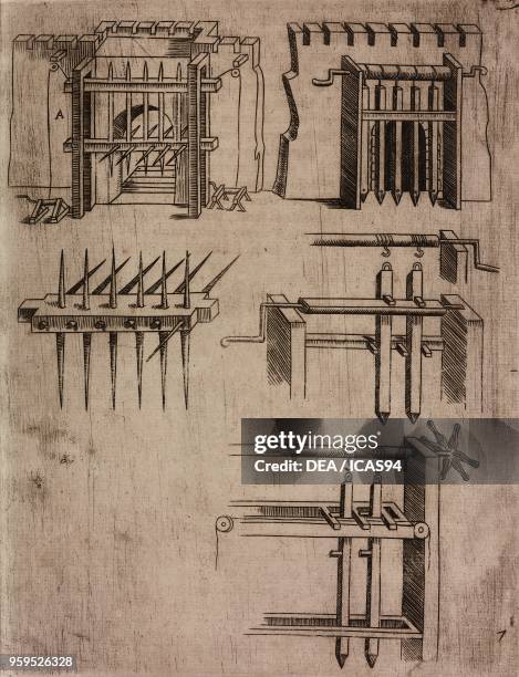 Portcullis, copperplate engraving from Diffesa et offesa delle piazze, by Pietro Paolo Floriani, published by Giuliano Carboni, Macerata, 1630.